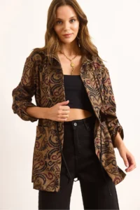 Olalook Women's Camel Pocket Sleeve Folding Detailed Hooded Wool Effect Jacket - Image 2