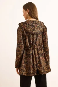 Olalook Women's Camel Pocket Sleeve Folding Detailed Hooded Wool Effect Jacket - Image 7