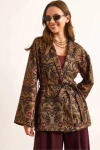 Olalook Women's Camel Belted Ethnic Pattern Wool Effect Jacket