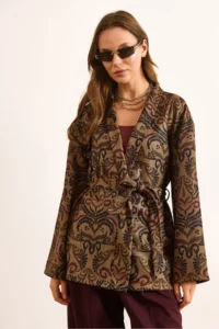 Olalook Women's Camel Belted Ethnic Pattern Wool Effect Jacket - Image 2