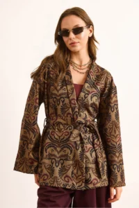 Olalook Women's Camel Belted Ethnic Pattern Wool Effect Jacket - Image 3