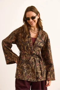Olalook Women's Camel Belted Ethnic Pattern Wool Effect Jacket - Image 4
