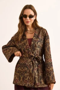 Olalook Women's Camel Belted Ethnic Pattern Wool Effect Jacket - Image 5