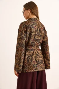 Olalook Women's Camel Belted Ethnic Pattern Wool Effect Jacket - Image 6