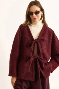 Olalook Women's Burgundy Lined Lace Detailed Wrapped Cashew Jacket