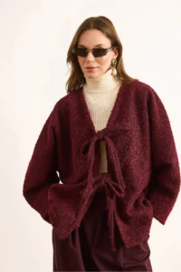 Olalook Women's Burgundy Lined Lace Detailed Wrapped Cashew Jacket - Image 2