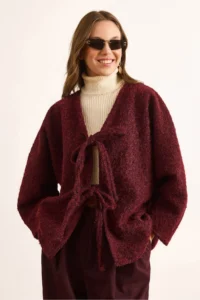 Olalook Women's Burgundy Lined Lace Detailed Wrapped Cashew Jacket - Image 3