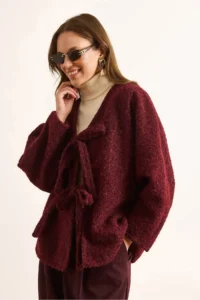 Olalook Women's Burgundy Lined Lace Detailed Wrapped Cashew Jacket - Image 4