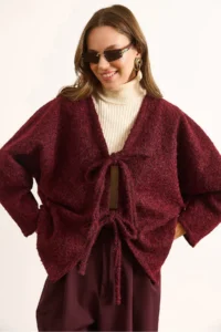Olalook Women's Burgundy Lined Lace Detailed Wrapped Cashew Jacket - Image 5