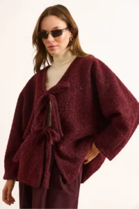 Olalook Women's Burgundy Lined Lace Detailed Wrapped Cashew Jacket - Image 6