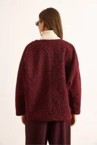 Olalook Women's Burgundy Lined Lace Detailed Wrapped Cashew Jacket - Image 7