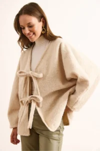 Olalook Women's Ecru Lined Lacing Detailed Wrapped Cashew Jacket