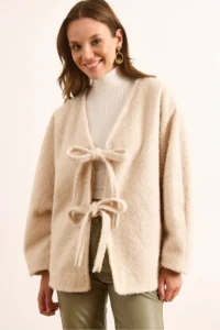 Olalook Women's Ecru Lined Lacing Detailed Wrapped Cashew Jacket - Image 2