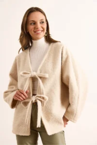 Olalook Women's Ecru Lined Lacing Detailed Wrapped Cashew Jacket - Image 4