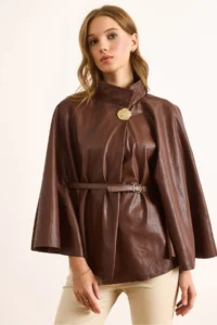 Olalook Women's Brown Velvet Faux Leather Cape Jacket - Image 2
