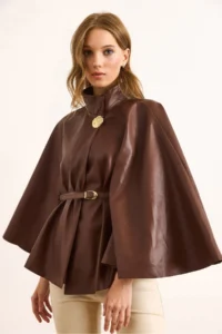 Olalook Women's Brown Velvet Faux Leather Cape Jacket - Image 3