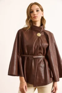 Olalook Women's Brown Velvet Faux Leather Cape Jacket - Image 4