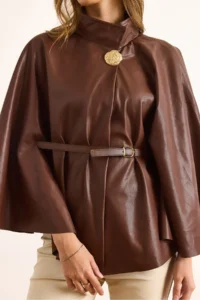 Olalook Women's Brown Velvet Faux Leather Cape Jacket - Image 5