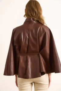 Olalook Women's Brown Velvet Faux Leather Cape Jacket - Image 6