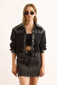 Olalook Women's Black Faux Leather Lined Boucle Jacket - Image 2