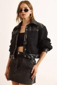 Olalook Women's Black Faux Leather Lined Boucle Jacket - Image 3