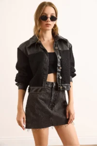 Olalook Women's Black Faux Leather Lined Boucle Jacket - Image 4