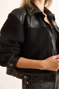 Olalook Women's Black Faux Leather Lined Boucle Jacket - Image 5