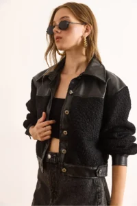 Olalook Women's Black Faux Leather Lined Boucle Jacket - Image 6
