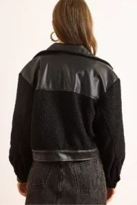 Olalook Women's Black Faux Leather Lined Boucle Jacket - Image 7