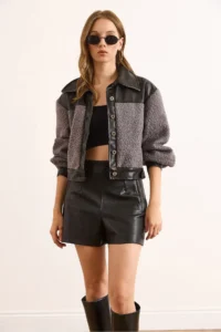 Olalook Women's Gray Faux Leather Garnished Lined Boucle Jacket - Image 2