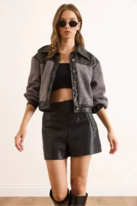 Olalook Women's Gray Faux Leather Garnished Lined Boucle Jacket - Image 3