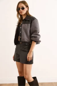 Olalook Women's Gray Faux Leather Garnished Lined Boucle Jacket - Image 4