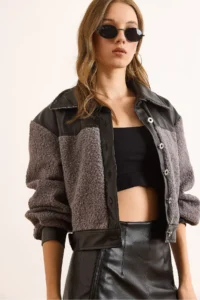 Olalook Women's Gray Faux Leather Garnished Lined Boucle Jacket - Image 5
