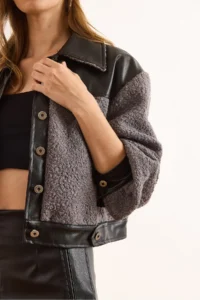 Olalook Women's Gray Faux Leather Garnished Lined Boucle Jacket - Image 6