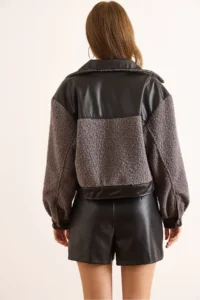 Olalook Women's Gray Faux Leather Garnished Lined Boucle Jacket - Image 7