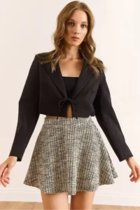 Olalook Women's Black Lined Lace Detailed Crop Blazer Jacket