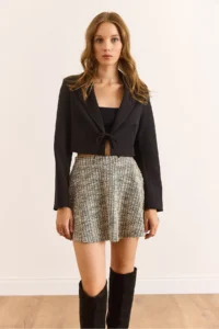 Olalook Women's Black Lined Lace Detailed Crop Blazer Jacket - Image 2