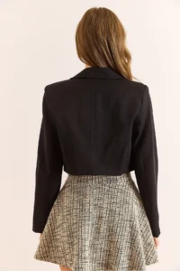 Olalook Women's Black Lined Lace Detailed Crop Blazer Jacket - Image 3