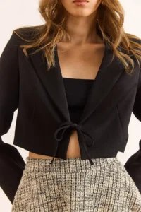 Olalook Women's Black Lined Lace Detailed Crop Blazer Jacket - Image 4