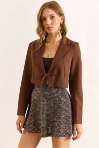 Olalook Women's Brown Lined Lace Detailed Crop Blazer Jacket