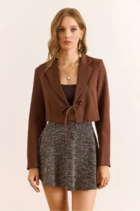 Olalook Women's Brown Lined Lace Detailed Crop Blazer Jacket - Image 2