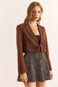 Olalook Women's Brown Lined Lace Detailed Crop Blazer Jacket - Image 3
