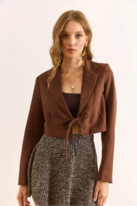 Olalook Women's Brown Lined Lace Detailed Crop Blazer Jacket - Image 4