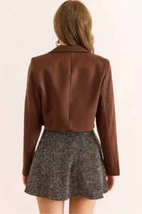 Olalook Women's Brown Lined Lace Detailed Crop Blazer Jacket - Image 6