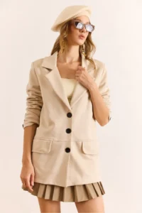 Olalook Women's Stone Lined Buttoned Flotilla Pocket Suede Blazer Jacket - Image 3