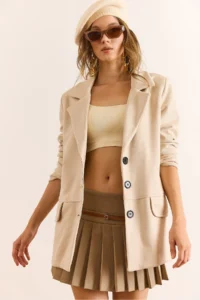 Olalook Women's Stone Lined Buttoned Flotilla Pocket Suede Blazer Jacket - Image 4