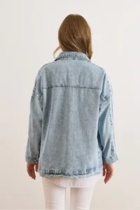Olalook Women's Light Blue Sleeve Striped Comfortable Fit Denim Jacket - Image 2