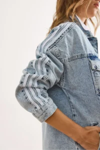 Olalook Women's Light Blue Sleeve Striped Comfortable Fit Denim Jacket - Image 3
