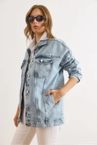 Olalook Women's Light Blue Sleeve Striped Comfortable Fit Denim Jacket - Image 4