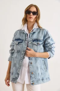 Olalook Women's Light Blue Sleeve Striped Comfortable Fit Denim Jacket - Image 5
